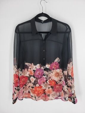 Express Women's Black Sheer Floral Button-Front Blouse Size L
